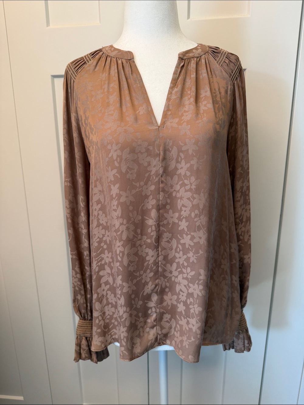 Current Air Taupe Floral Split-Neck Blouse